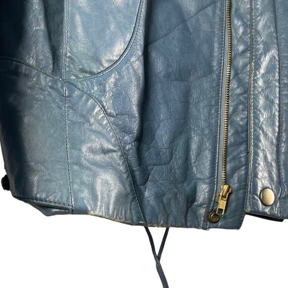 Vintage 1980’s Women’s Cropped Teal Leather Jacket with Epaulettes‎ Size 44 (XL) - Picture 11 of 14